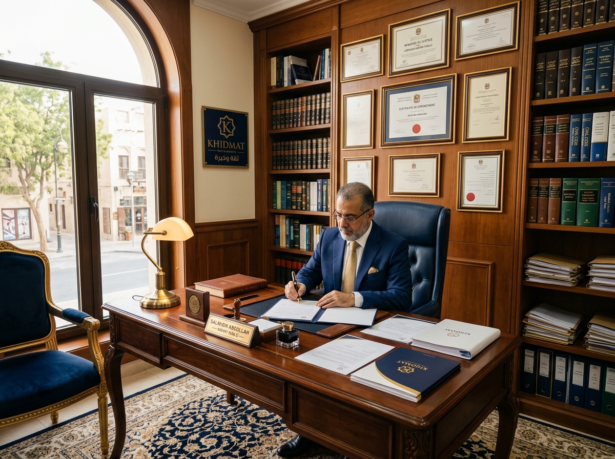 Notary office interior: warm, dignified workspace, wood desk, law books, framed certificates on wall, natural light. Navy/gold editorial, khidmat atmosphere.