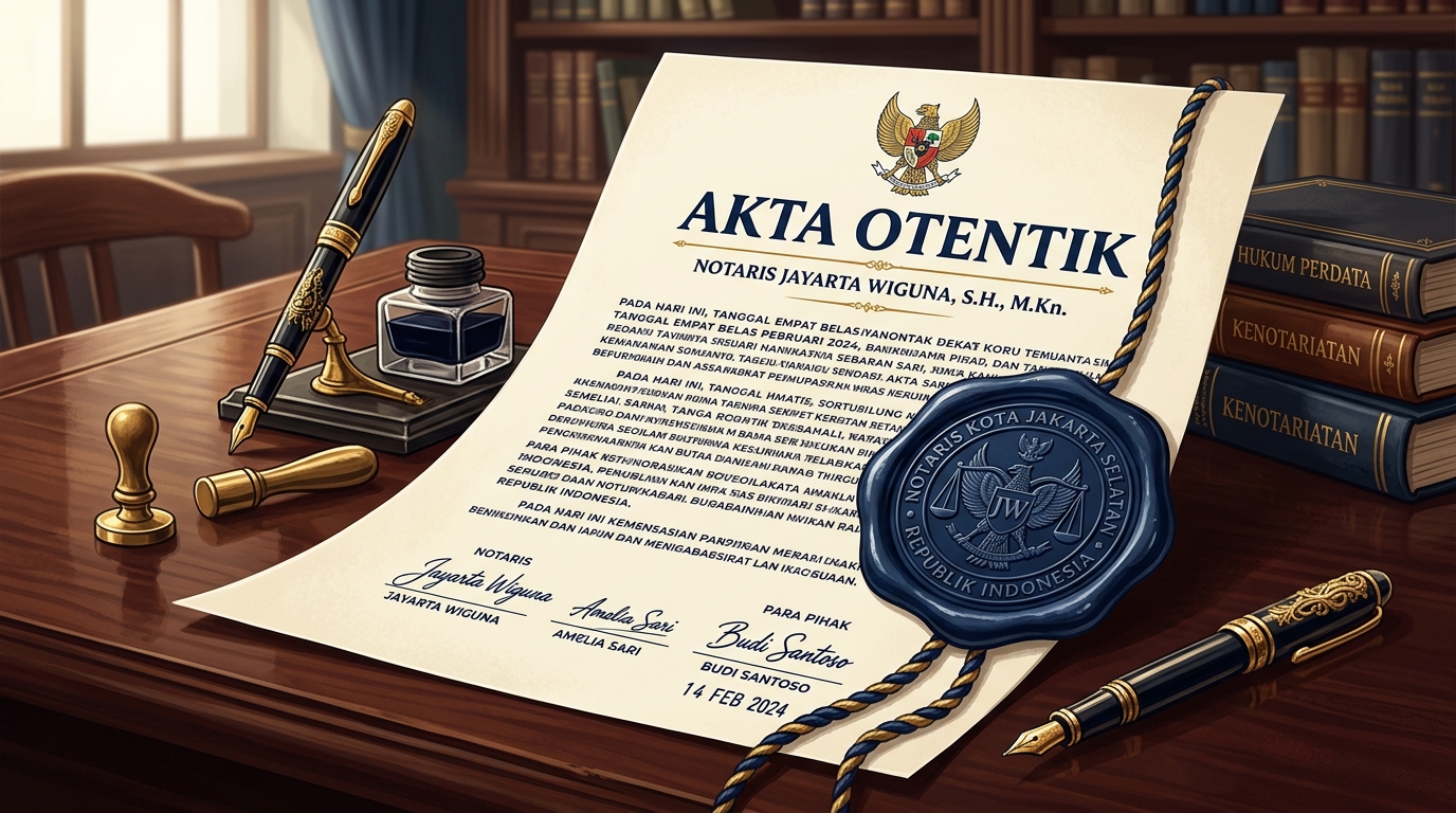 Article image: "Mengapa Akta Otentik Lebih Kuat dari Perjanjian Biasa?". Navy/gold editorial.