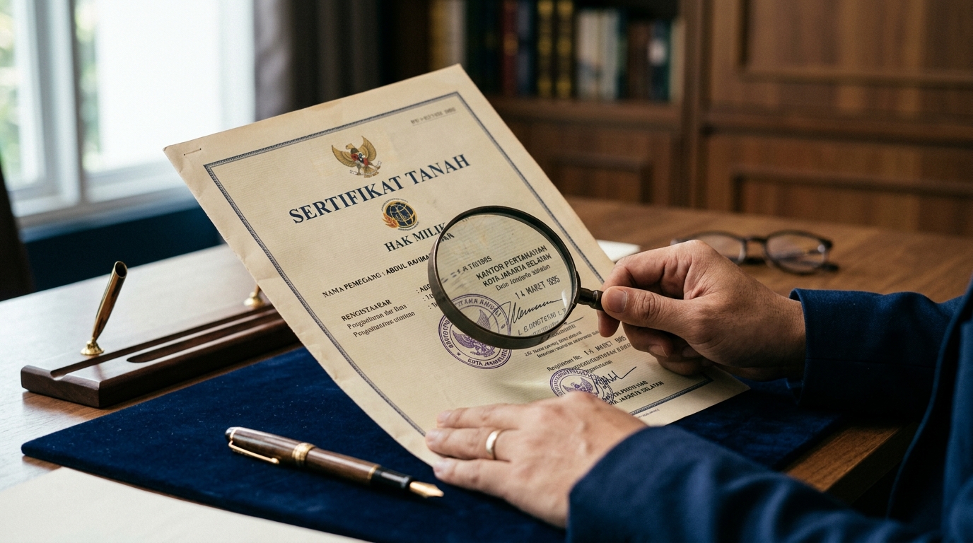 Article image: "7 Hal yang Wajib Dicek Sebelum Membeli Tanah". Editorial legal concept photo, documents, law books, signing. Navy/gold tones.