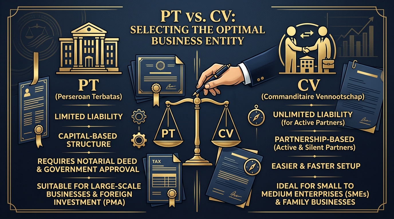 Article image: "PT, CV, atau Yayasan, Mana yang Tepat untuk Anda?". Editorial legal concept photo, documents, law books, signing. Navy/gold tones.