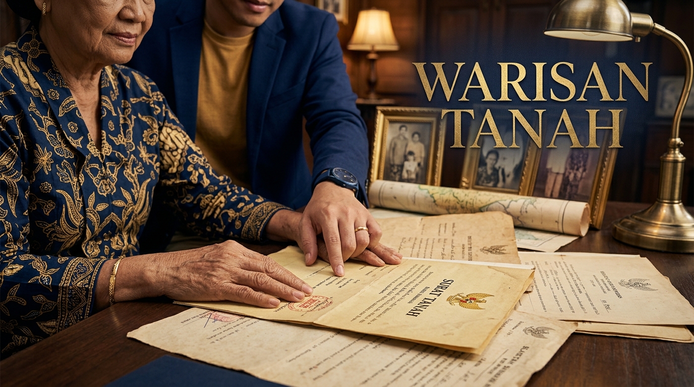 Article image: "Tata Cara Pembagian Warisan Tanah Menurut Hukum". Editorial legal concept photo, documents, law books, signing. Navy/gold tones.