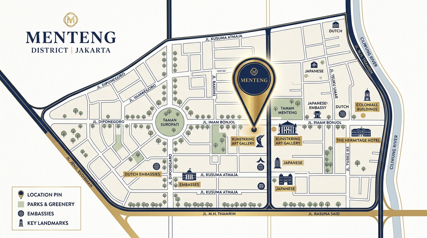 Map / location image: stylized editorial map showing Jakarta Menteng area with a location pin. Navy/gold branded, clean and professional.
