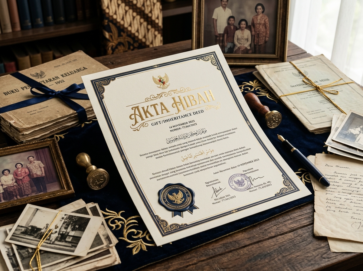 Service hero image: "Akta Hibah (Pemberian Warisan Semasa Hidup)". Editorial photo, tidy notarial desk, documents, seal/stamp, navy/gold tones. Indonesian professional setting.