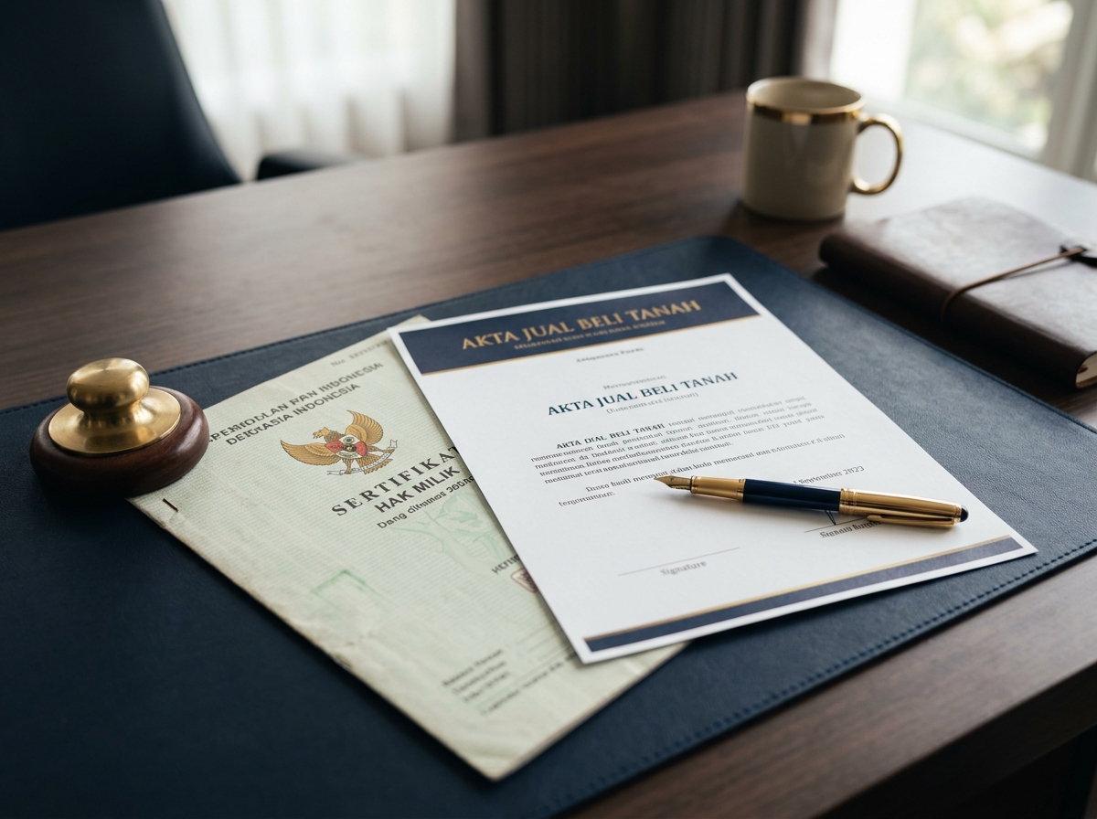 Service hero image: "Akta Jual-Beli Tanah & Bangunan (PPAT)". Editorial photo, tidy notarial desk, documents, seal/stamp, navy/gold tones. Indonesian professional setting.