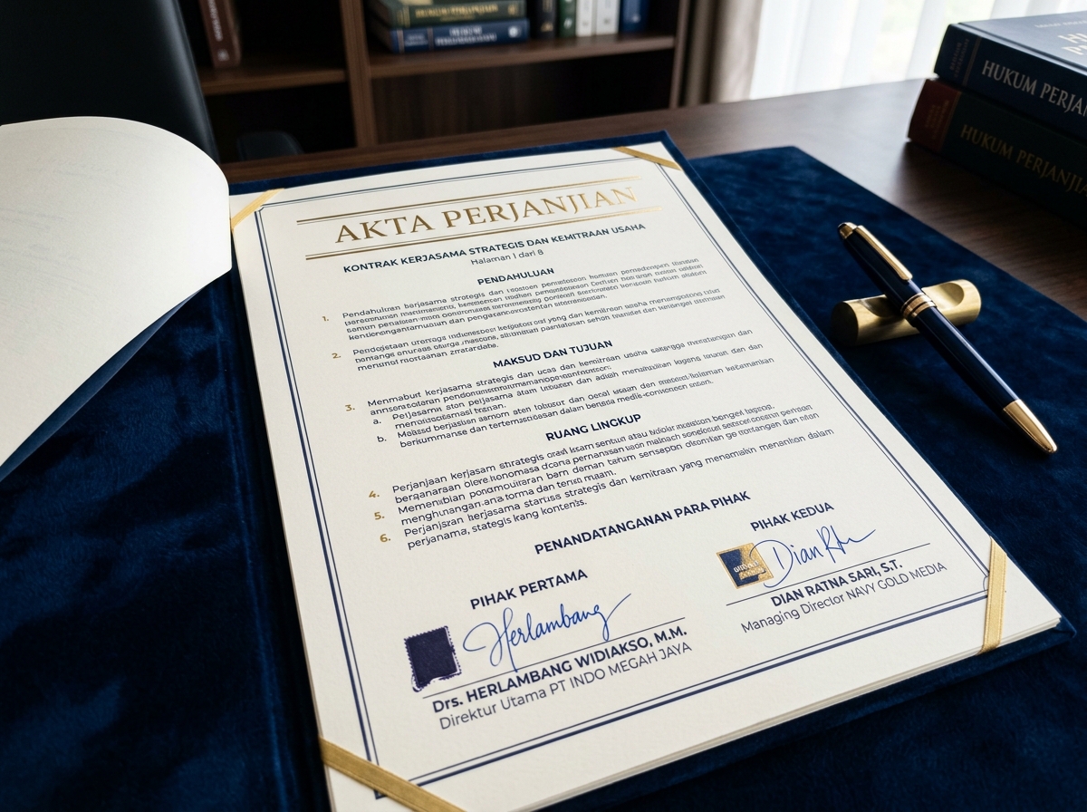 Service hero image: "Akta Perjanjian (Sewa, Utang-Piutang, Kerja Sama)". Editorial photo, tidy notarial desk, documents, seal/stamp, navy/gold tones. Indonesian professional setting.
