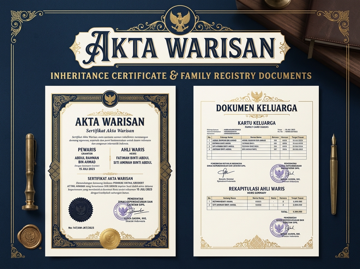 Service hero image: "Akta Warisan / Surat Keterangan Waris". Editorial photo, tidy notarial desk, documents, seal/stamp, navy/gold tones. Indonesian professional setting.