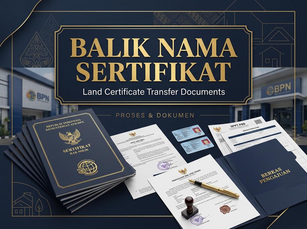 Service hero image: "Balik Nama Sertifikat". Editorial photo, tidy notarial desk, documents, seal/stamp, navy/gold tones. Indonesian professional setting.