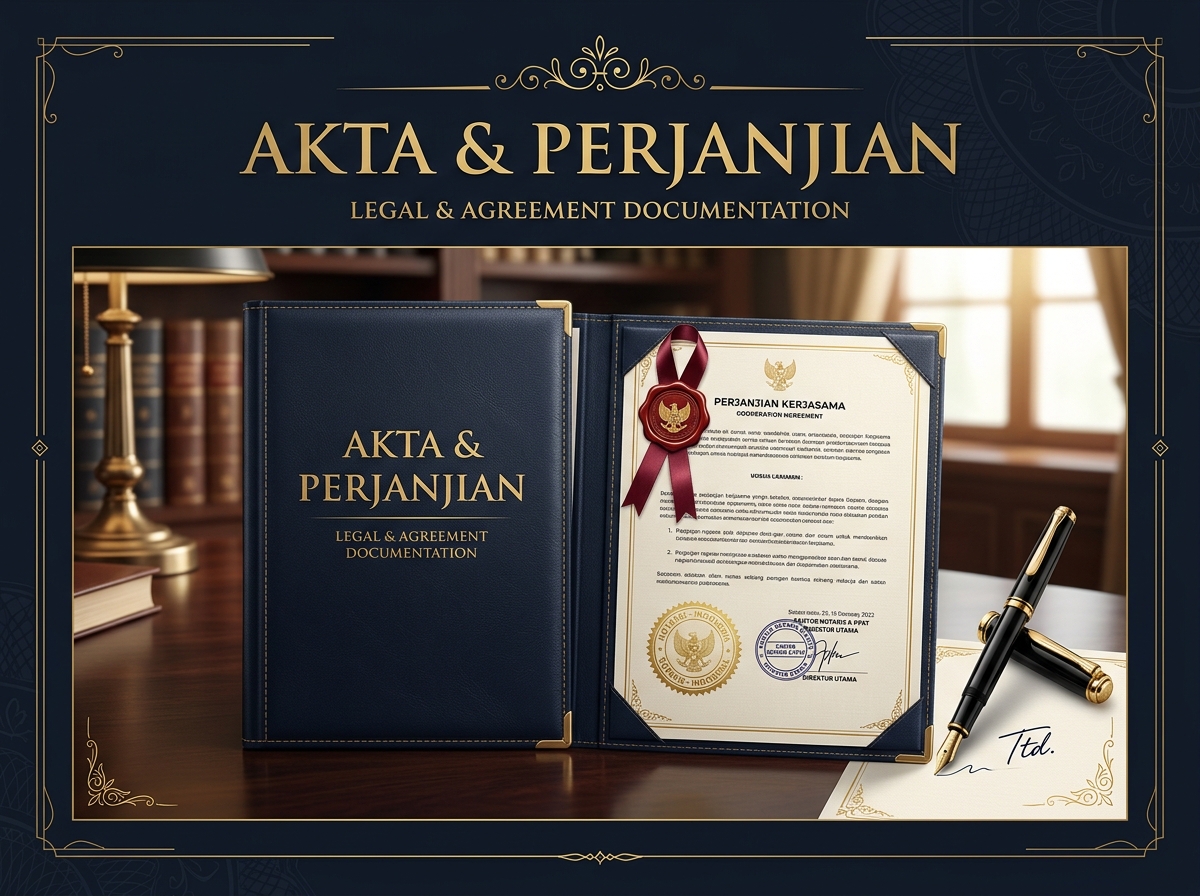 Category image: "Akta & Perjanjian". Notarial scene, documents, seal, signing. Navy/gold editorial.