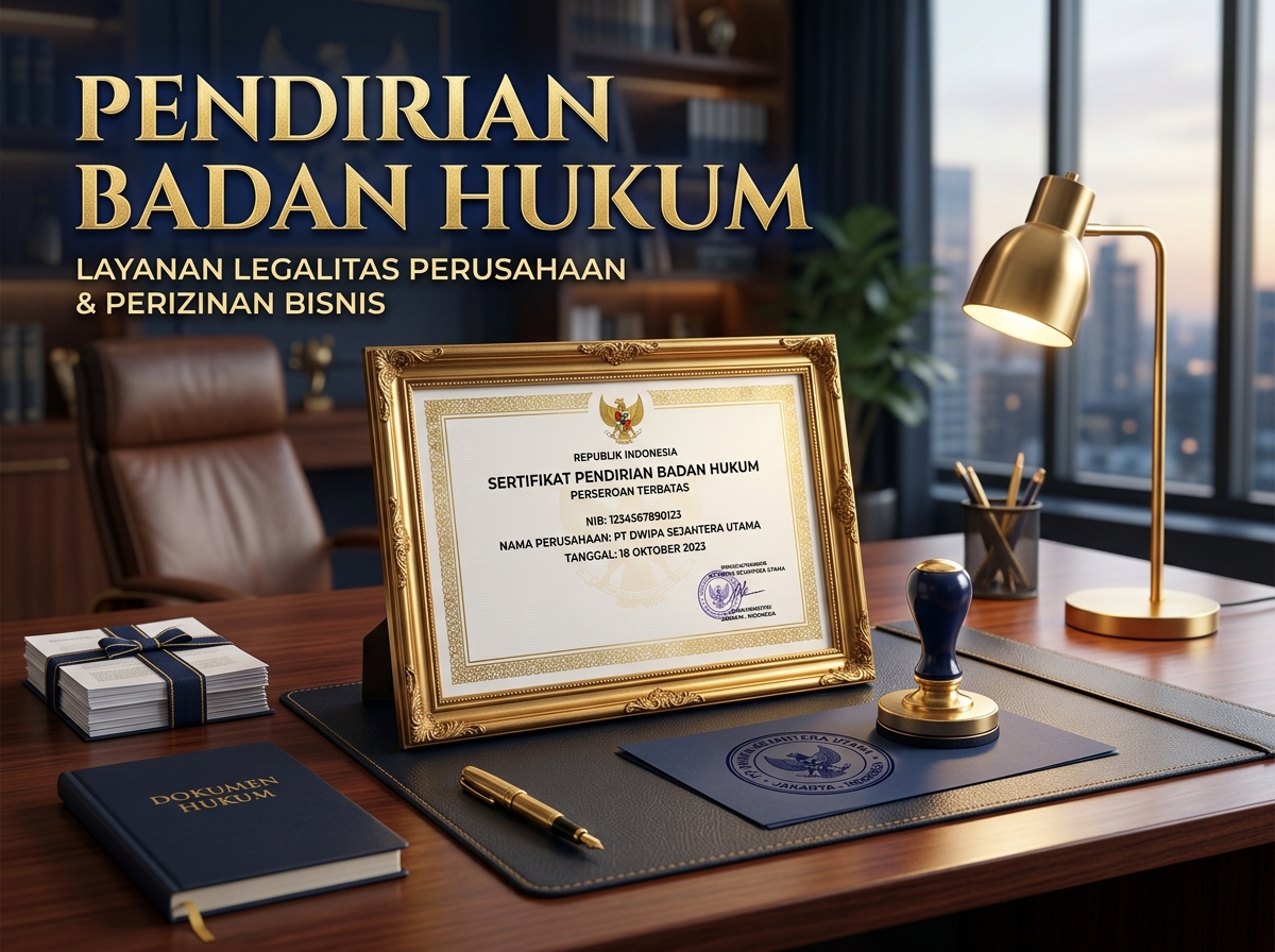 Category image: "Pendirian Badan Hukum". Notarial scene, documents, seal, signing. Navy/gold editorial.