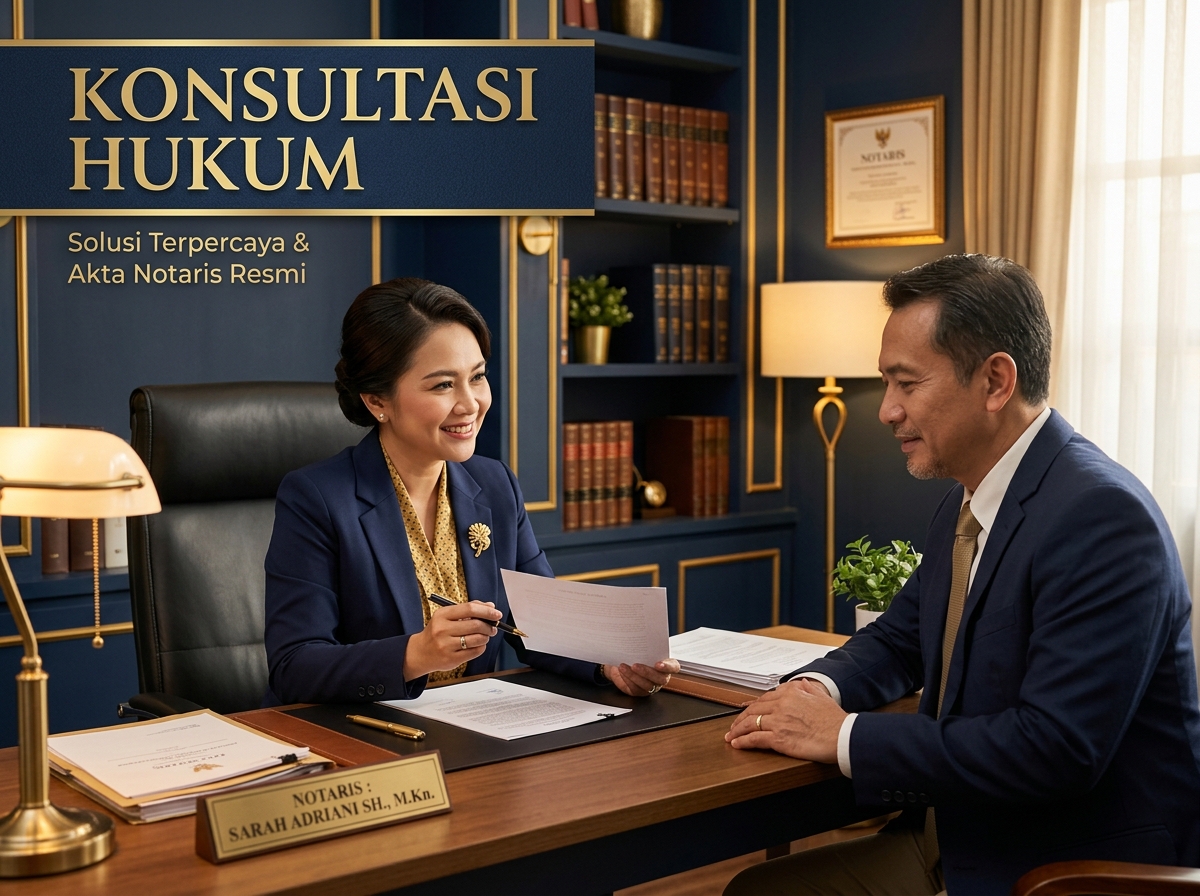 Category image: "Konsultasi Hukum". Notarial scene, documents, seal, signing. Navy/gold editorial.