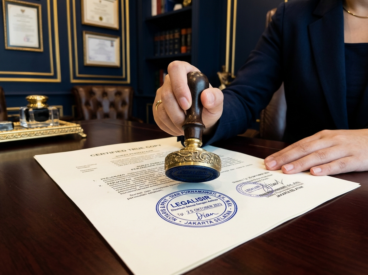 Category image: "Legalisasi & Legalisir". Notarial scene, documents, seal, signing. Navy/gold editorial.