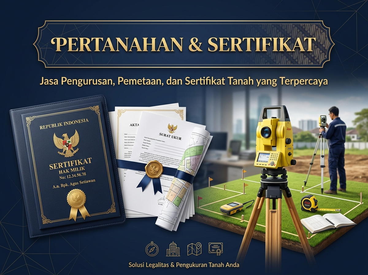 Category image: "Pertanahan & Sertifikat". Notarial scene, documents, seal, signing. Navy/gold editorial.