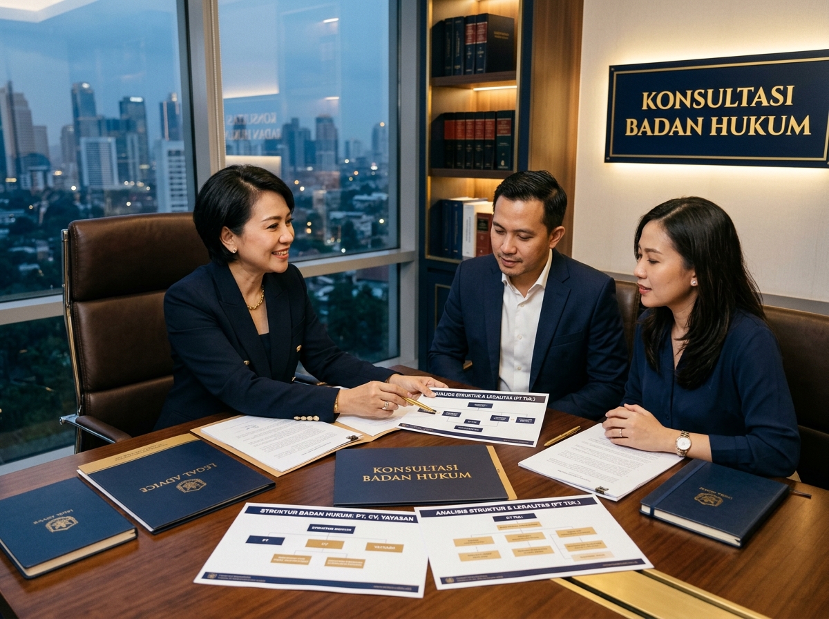 Service hero image: "Konsultasi Pendirian & Perubahan Badan Hukum". Editorial photo, tidy notarial desk, documents, seal/stamp, navy/gold tones. Indonesian professional setting.