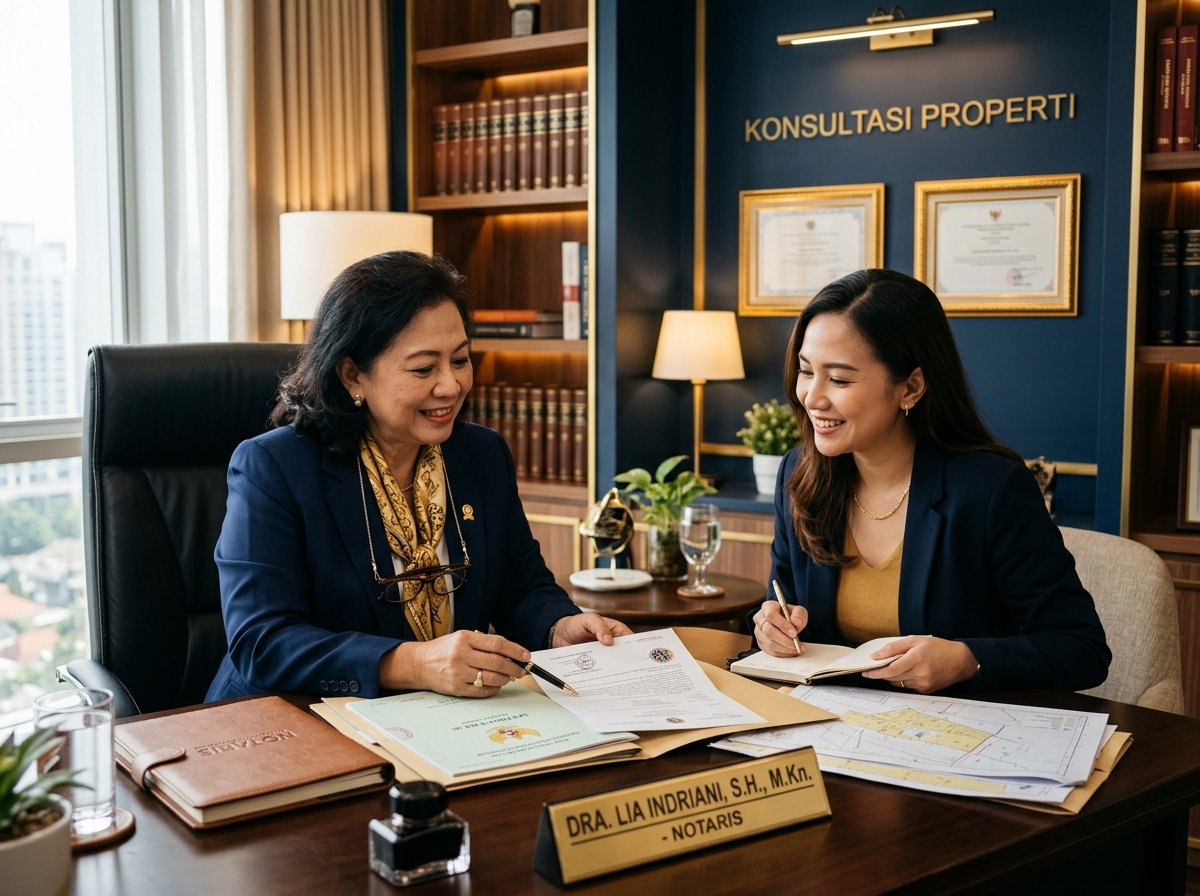 Service hero image: "Konsultasi Hukum Properti & Pertanahan". Editorial photo, tidy notarial desk, documents, seal/stamp, navy/gold tones. Indonesian professional setting.