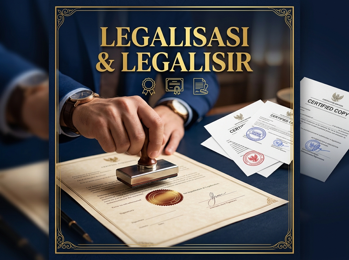 Service hero image: "Legalisir & Legalisasi Dokumen". Editorial photo, tidy notarial desk, documents, seal/stamp, navy/gold tones. Indonesian professional setting.
