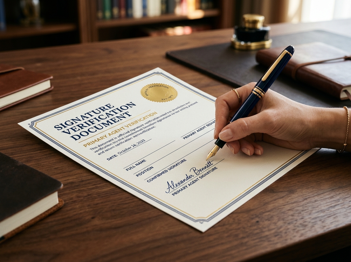 Service hero image: "Mengesahkan Tanda Tangan (Paraf)". Editorial photo, tidy notarial desk, documents, seal/stamp, navy/gold tones. Indonesian professional setting.
