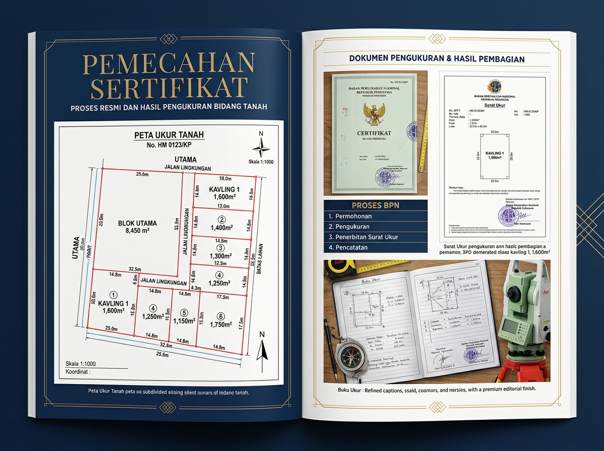 Service hero image: "Pemecahan Sertifikat Tanah". Editorial photo, tidy notarial desk, documents, seal/stamp, navy/gold tones. Indonesian professional setting.