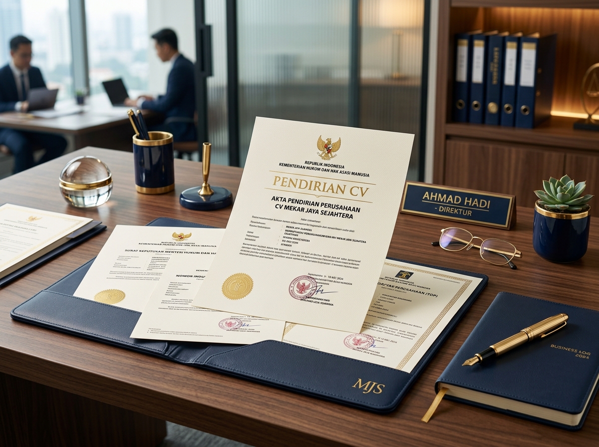 Service hero image: "Pendirian CV (Commanditaire Vennootschap)". Editorial photo, tidy notarial desk, documents, seal/stamp, navy/gold tones. Indonesian professional setting.