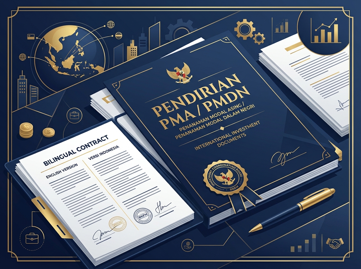 Service hero image: "Pendirian PMA / PMDN". Editorial photo, tidy notarial desk, documents, seal/stamp, navy/gold tones. Indonesian professional setting.