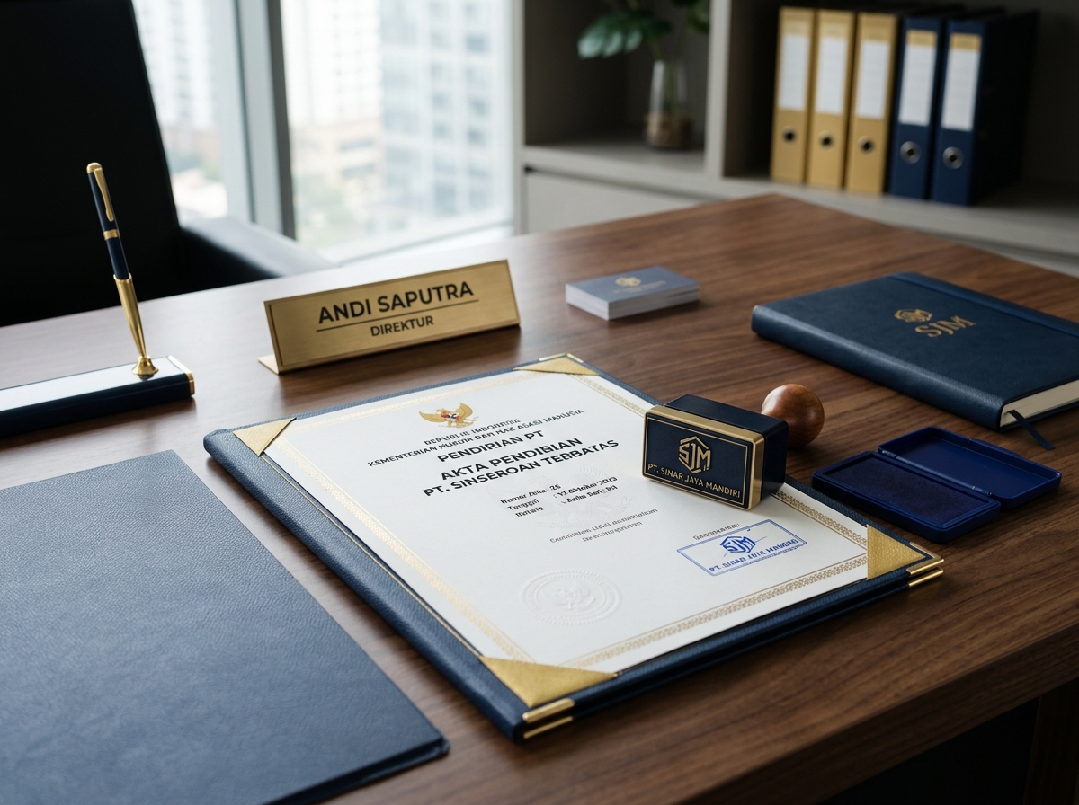 Service hero image: "Pendirian PT (Perseroan Terbatas)". Editorial photo, tidy notarial desk, documents, seal/stamp, navy/gold tones. Indonesian professional setting.