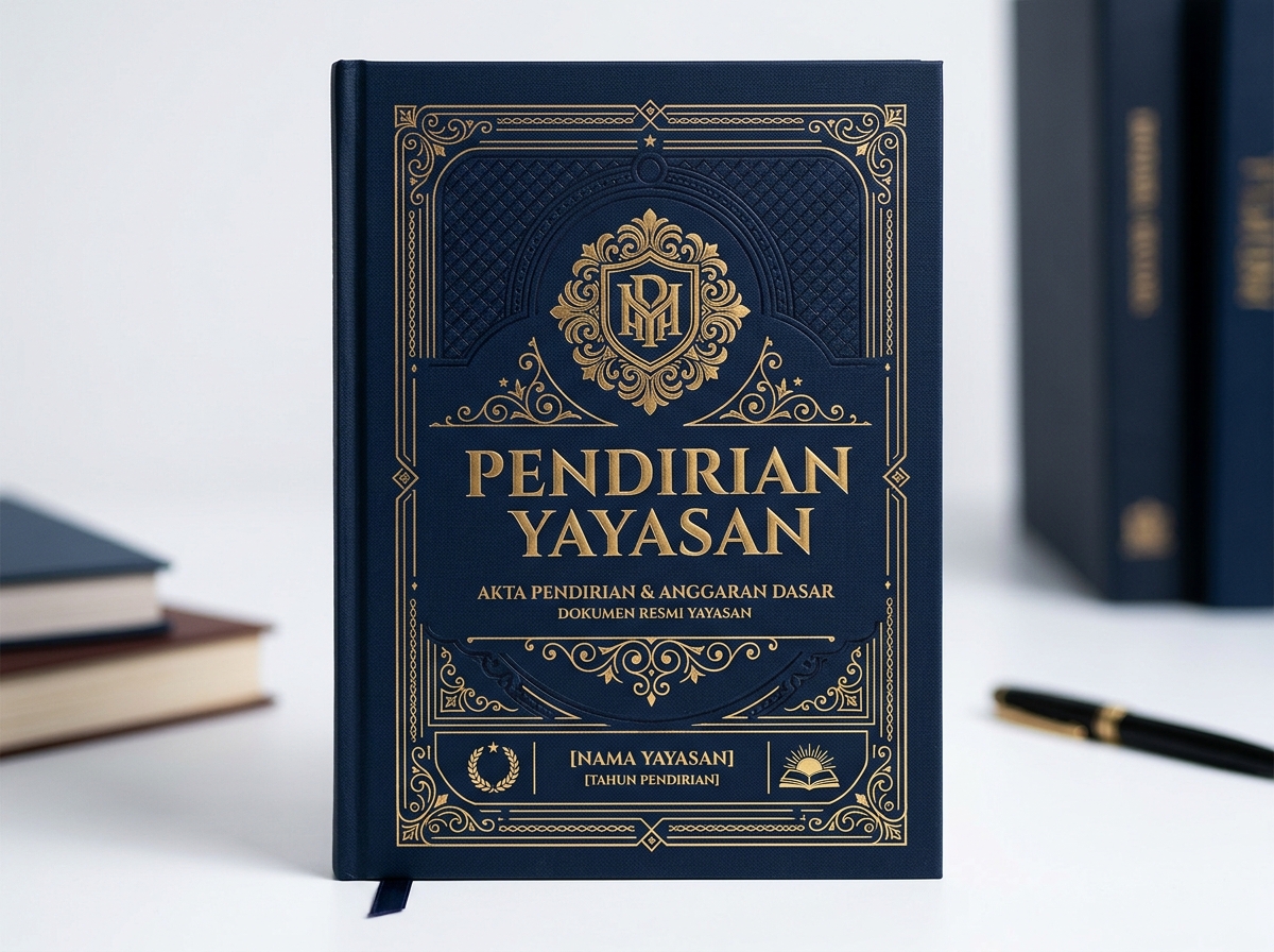 Service hero image: "Pendirian Yayasan". Editorial photo, tidy notarial desk, documents, seal/stamp, navy/gold tones. Indonesian professional setting.