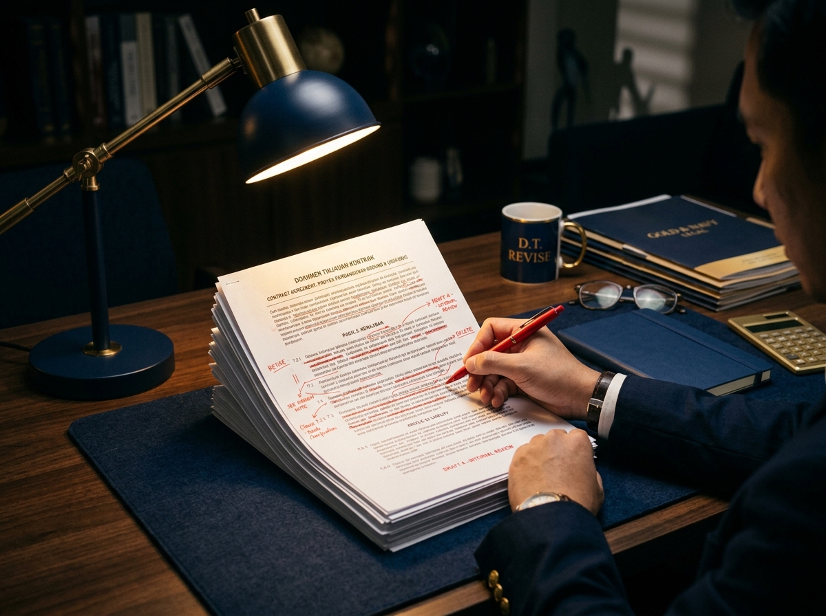 Service hero image: "Review Dokumen & Perjanjian". Editorial photo, tidy notarial desk, documents, seal/stamp, navy/gold tones. Indonesian professional setting.