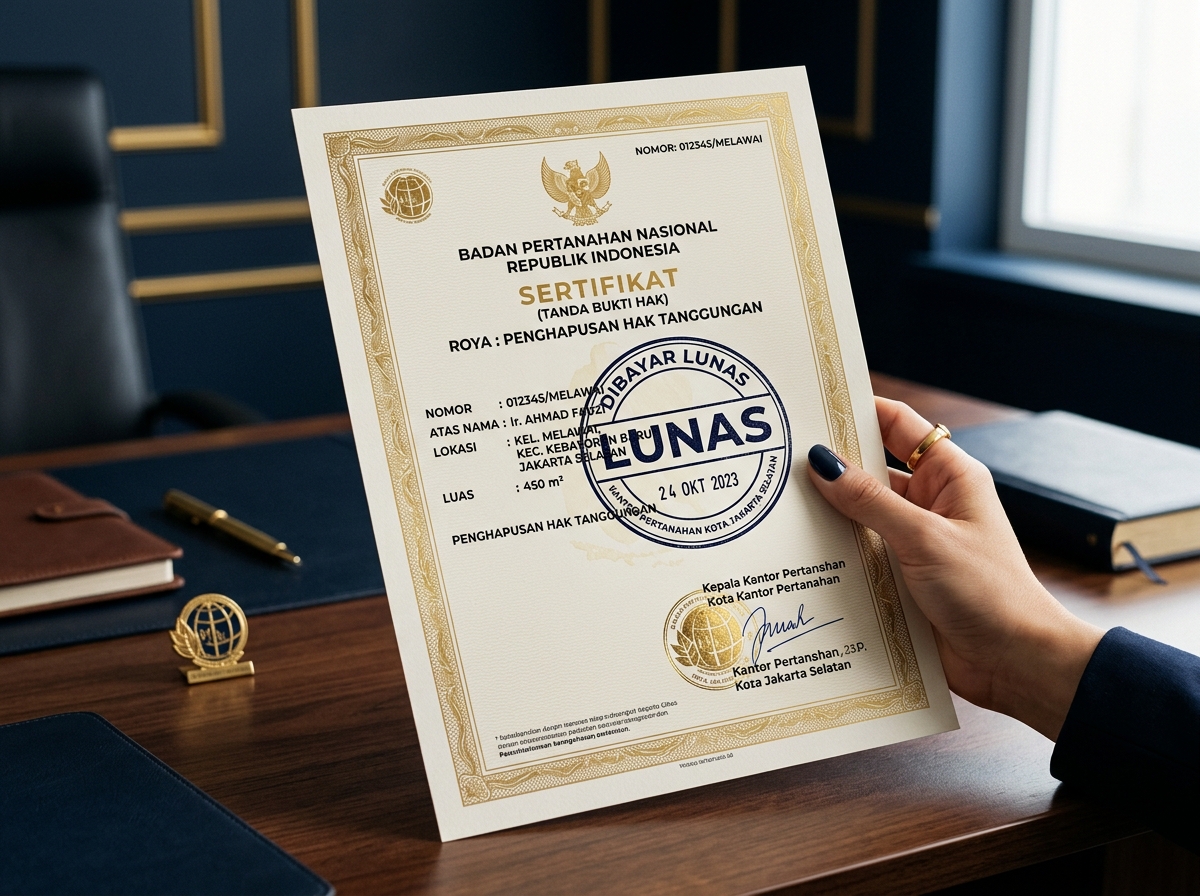 Service hero image: "Roya (Penghapusan Hak Tanggungan)". Editorial photo, tidy notarial desk, documents, seal/stamp, navy/gold tones. Indonesian professional setting.