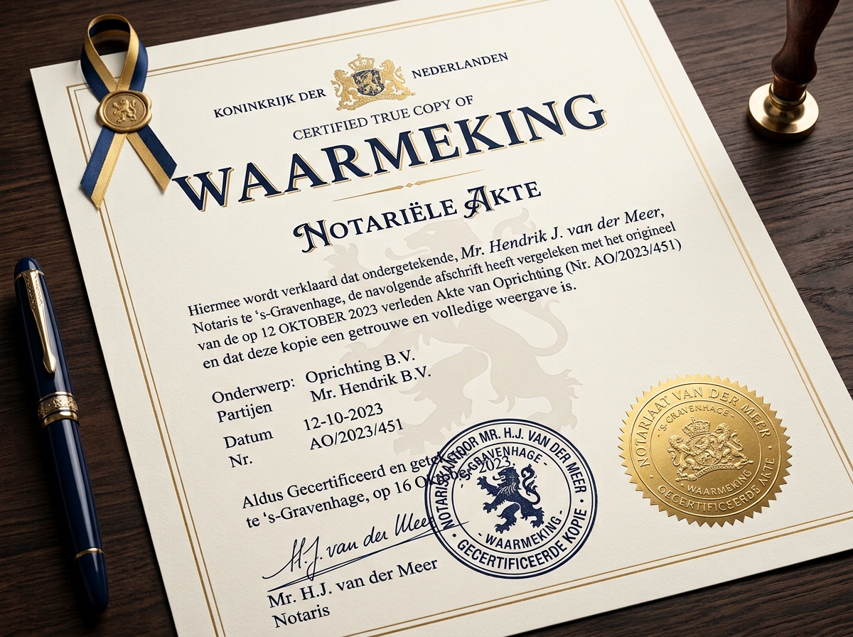 Service hero image: "Waarmeking (Grosse / Turunan Akta Resmi)". Editorial photo, tidy notarial desk, documents, seal/stamp, navy/gold tones. Indonesian professional setting.