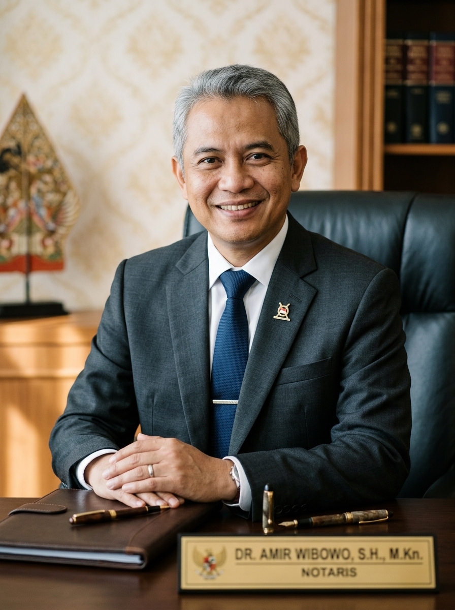 Professional headshot: Dr. Amir Wibowo, S.H., M.Kn., Notaris & PPAT, Pendiri. Indonesian notary, warm confident expression, formal attire, editorial portrait on neutral cream/gold background.