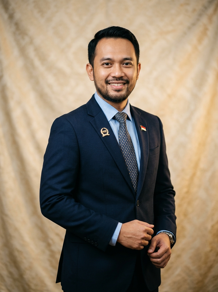 Professional headshot: Bagas Pranata, S.H., PPAT & Konsultan Hukum. Indonesian notary, warm confident expression, formal attire, editorial portrait on neutral cream/gold background.
