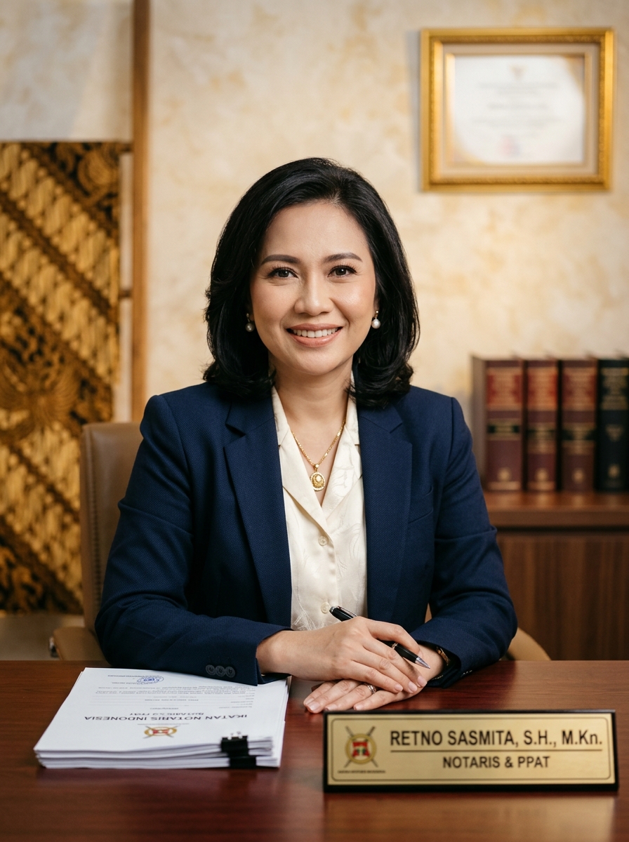 Professional headshot: Retno Sasmita, S.H., M.Kn., Notaris & PPAT, Partner. Indonesian notary, warm confident expression, formal attire, editorial portrait on neutral cream/gold background.