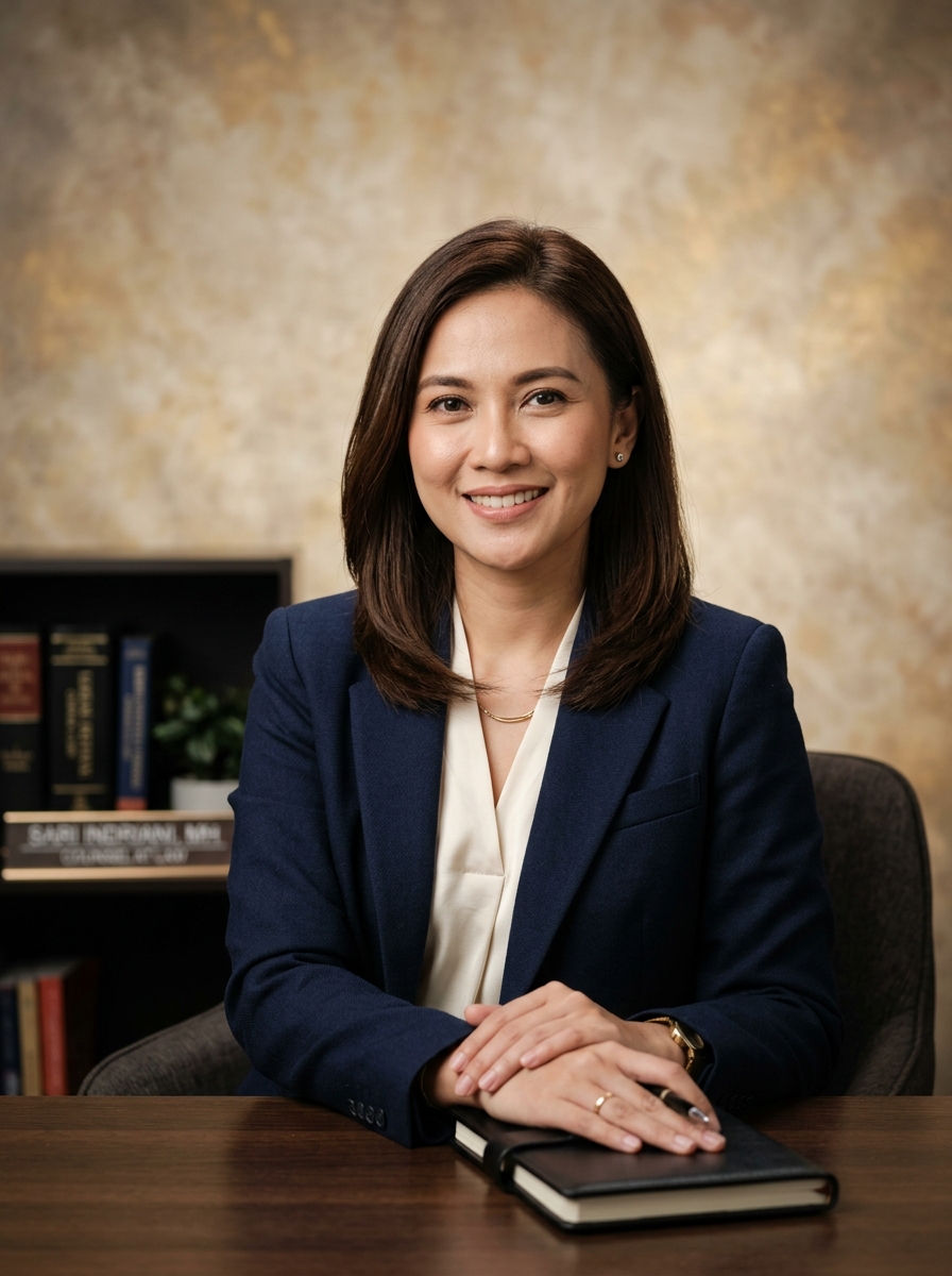 Professional headshot: Sari Indriani, S.H., M.H., Counsel, Hukum Perjanjian & Properti. Indonesian notary, warm confident expression, formal attire, editorial portrait on neutral cream/gold background.